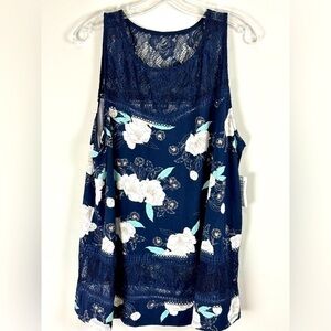 Women's Navy Floral Lace Inset Tank